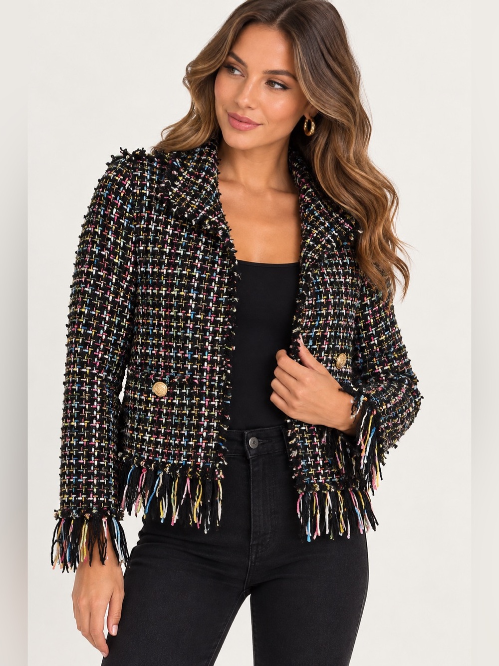 Adore Black Multicolor Tweed Fringe Chanel Style Jacket Size S